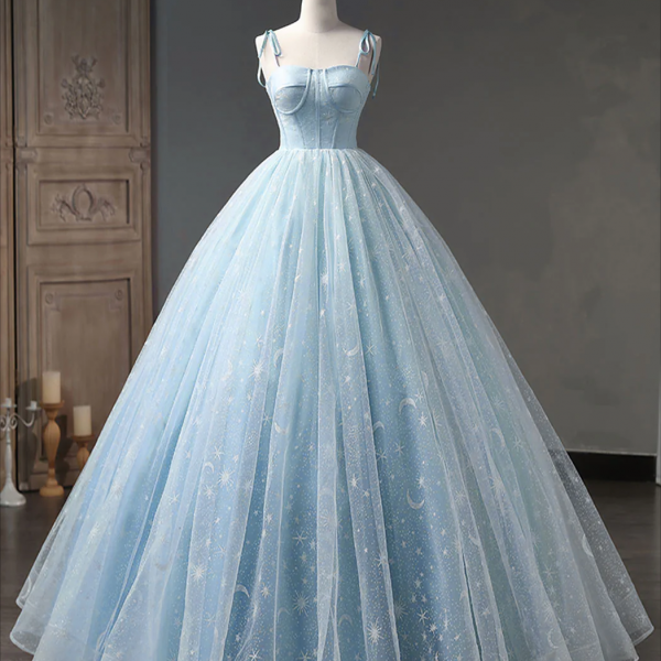 Prom dresses, Blue A-Line Tulle Long Prom Dress, Blue Formal Sweet Dress