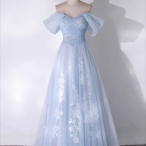 A-Line Tulle Lace Blue Long Formal Prom Dress, Off Shoulder Blue Long Sweet 16 Dress main image 0