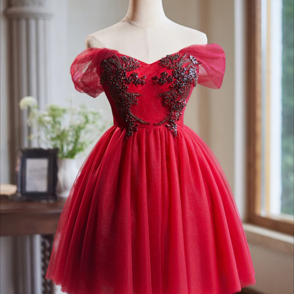Vintage Dark Green Off-the-shoulder Irregular Hem Design A-Line Applique Prom Dress Evening Dress D1683 main image 1