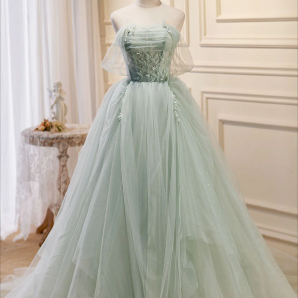 A Line Bateau Neck Dark Green Satin Beadings Prom Dress LBQ0280