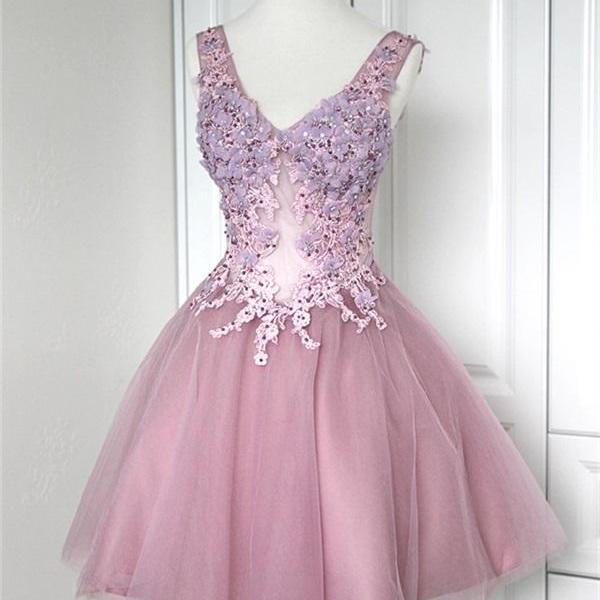 V-neck Homecoming Dress,applique Homecoming Dress,tulle Homecoming ...