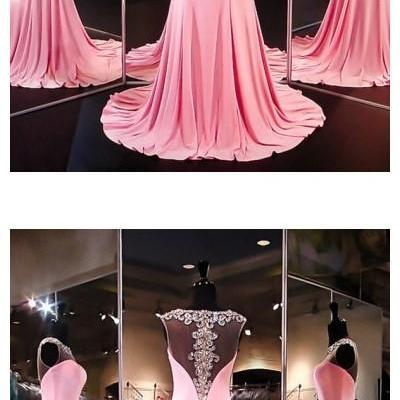 O-Neck Prom Dress,Pink Prom Dresses,Long Evening Dress