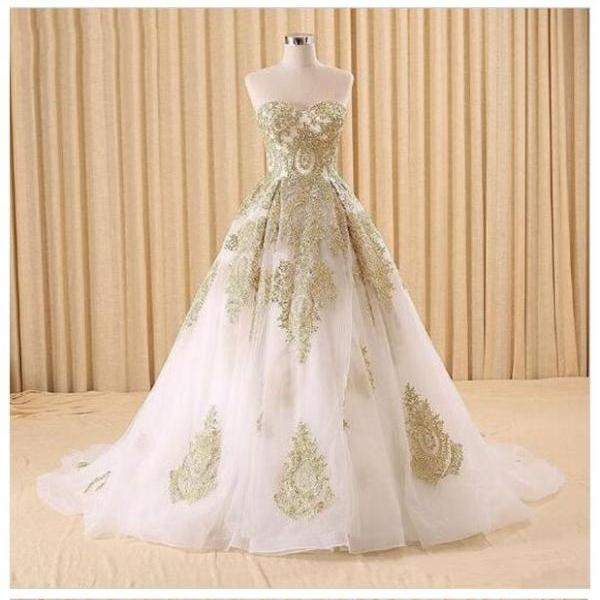 Elegant White And Gold Lace Prom Dresses,ball Gown Evening Dresses,a ...