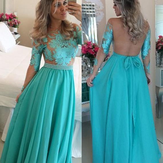 Charming Turquoise Crew Neck Long Sleeves Illusion Back Long Prom Dress ...
