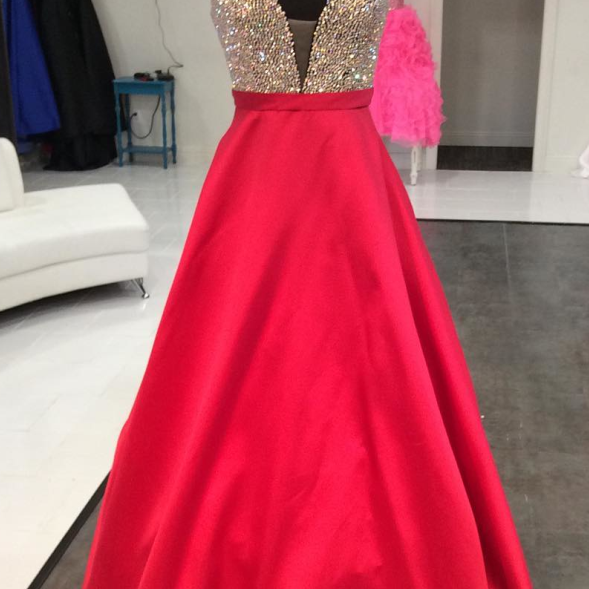 Red A-line Satin V-neck Long Prom Party Dresses With Beaded OP499 main image 1