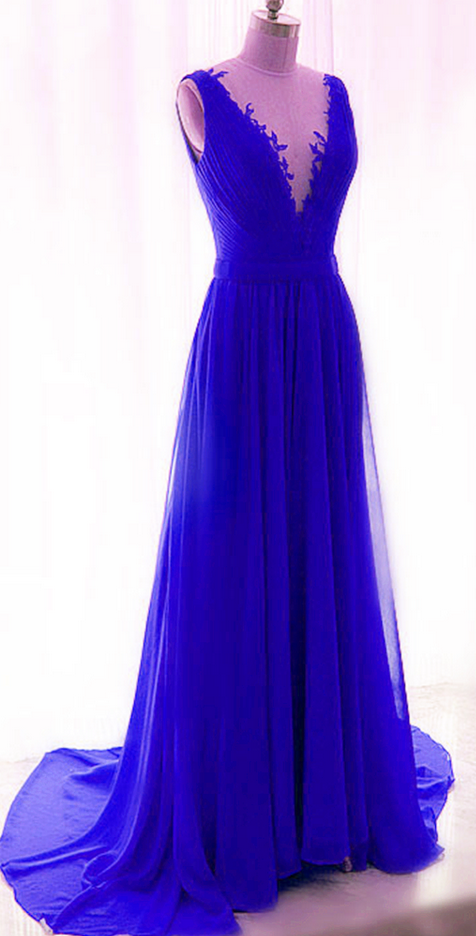 Deep V-neck Chiffon Prom Dresses, Long Backless Formal Dresses ...