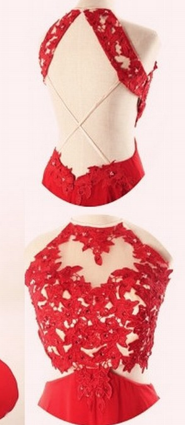 Elegant Red Cowl Neck Pleated Lace Applique Prom Dress with Slit, Evening Dress, PD3822966 main image 1