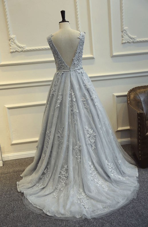 Grey Prom Dresses,long Prom Dresses,tulle Prom Dresses,lace Prom Gowns