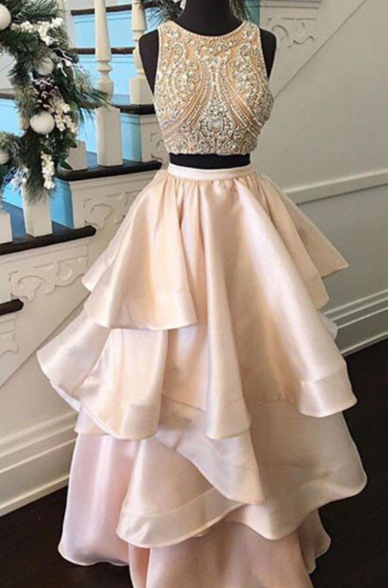 Jewel Prom Dresses, Two Piece Prom Dress In Champagne Color, Sleeveless