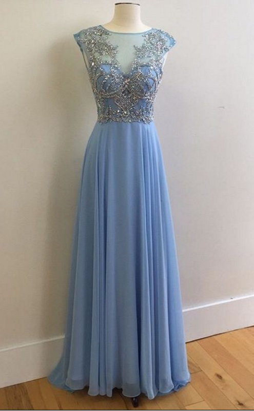 Illusion Neck Long Chiffon Dresses with Beaded Champagne main image 1