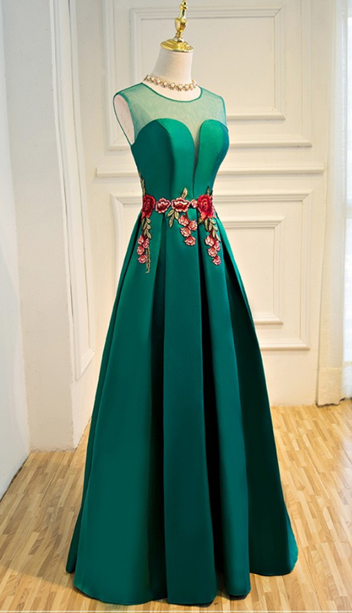 Evening Dress Sheer Plunging Neck Emerald Green Long Formal Occasion 