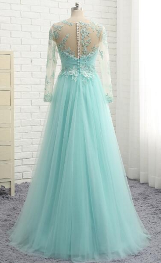 Peppermint Green Evening Dress, Longsleeved Tulle, Lace Gown With Lace