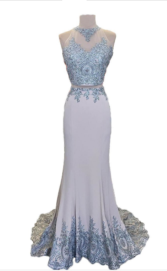 Lace Sleeveless Two-Piece Print Mermaid Evening Gown