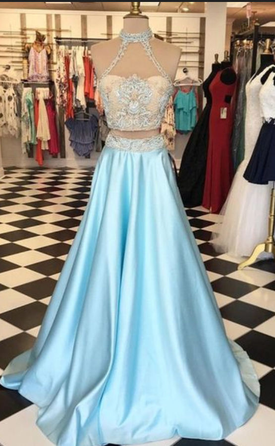 Light Blue Satins Two Pieces Lace Round Neck Formal Dresses,long Dress ...