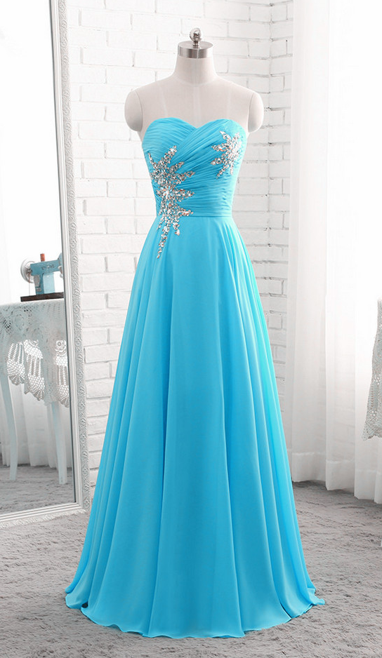 Blue Chiffon Beaded Chiffon Long Prom Dress , Long Formal Gowns, Junior ...