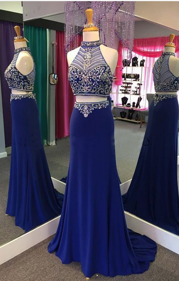 High Neck Heavy Beads Prom Dresses , Two Piece Prom Dresses, Royal Blue Gown For Party on Luulla