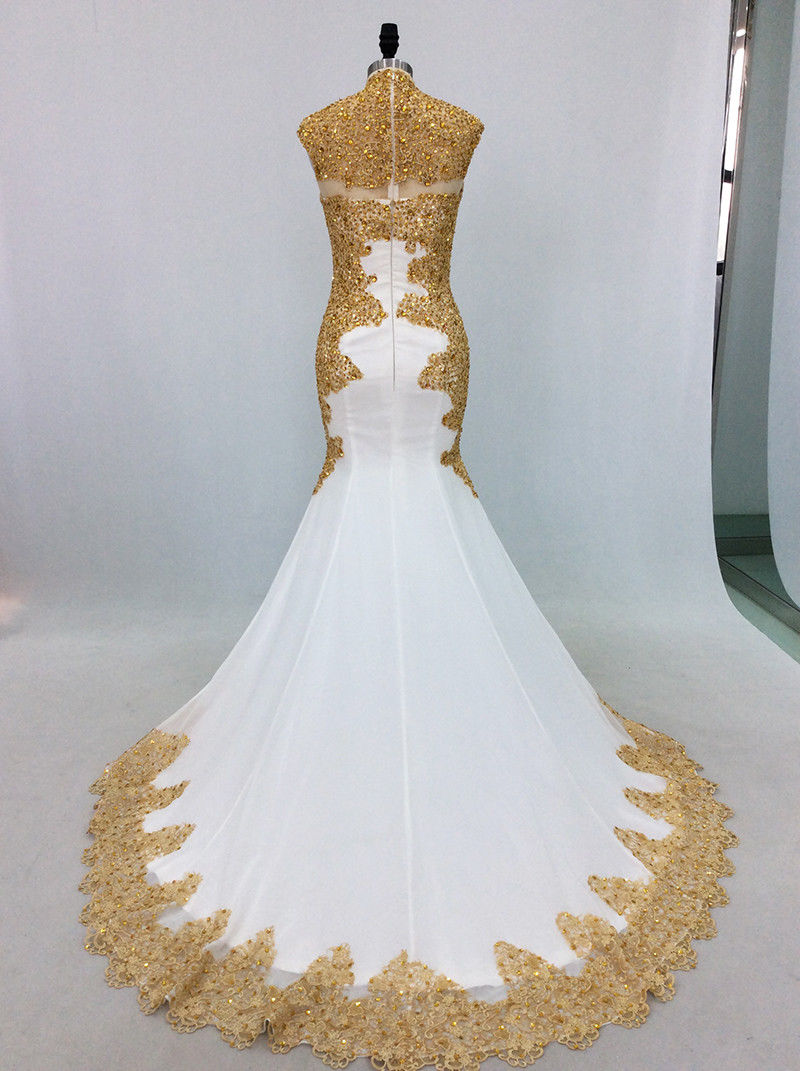 Sexy Long Evening Prom Dress Mermaid Beading Crystal Gold Embroidery ...