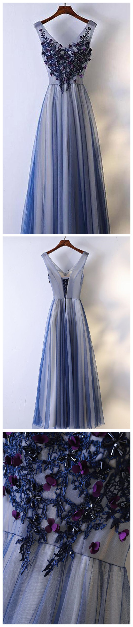 A-Line/Elegant V-Neck Short Sleeves Floor-Length Beading Tulle Two Piece Prom Dresses