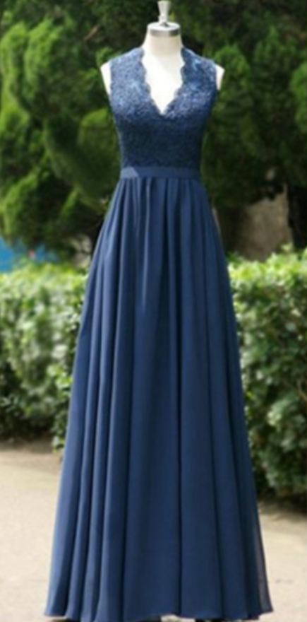 A Line Deep V Neck Blue Chiffon Sequins Sleeveless Prom Dresses LBQ2397 main image 1