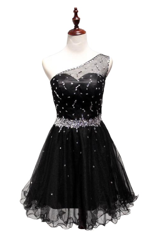 A Lines Black Homecoming Dresses Sheer Back Sleeveless Beaded One ...