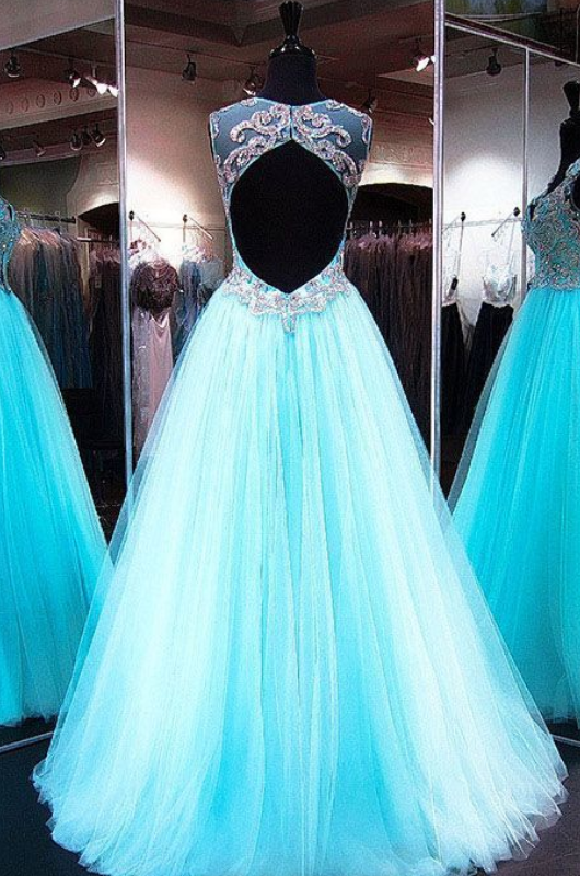 Fabulous Princess V-neck Tulle Floor-length Crystal Detailing Light Sky ...