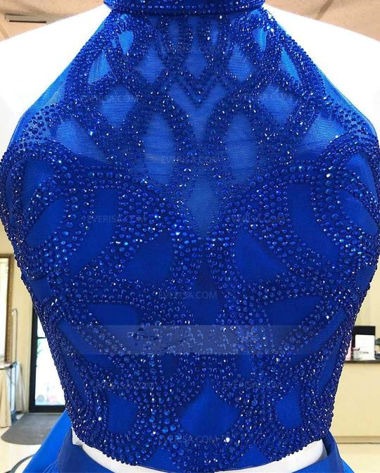 A-line Halter Two-piece Royal Blue Beaded Short Homecoming Dresses, HD0563