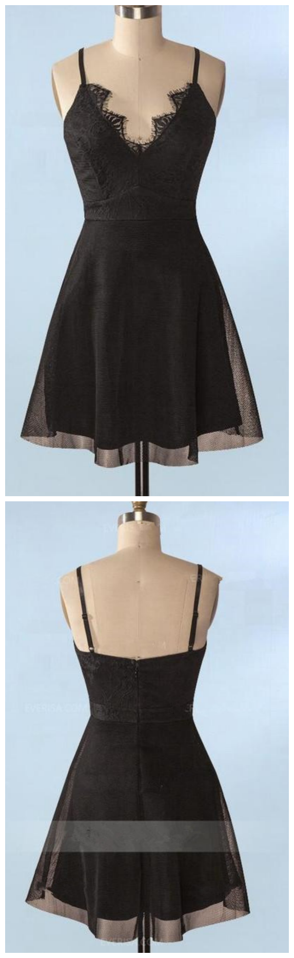 Sexy Spaghetti Straps Black Lace Satin A Line Short Cocktail Dress Formal 8th Grade Homecoming Dress