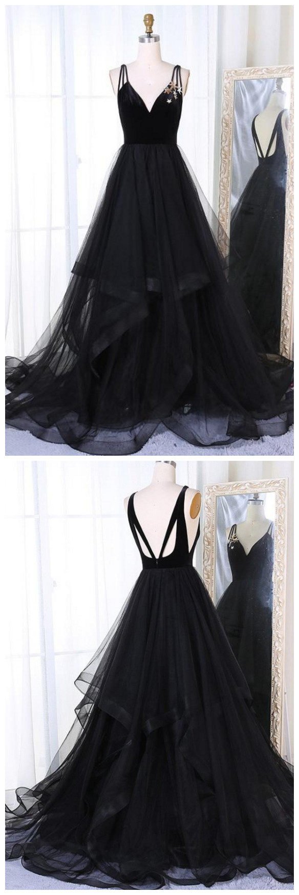 Star Sequins Tulle Black Prom Dress, A-line Tiered Formal Evening Gown ...