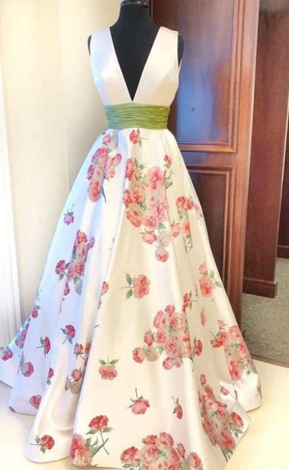 A Line V Neck Straps Floral Print Deep V Neck Ivory Prom Dresses Long ...