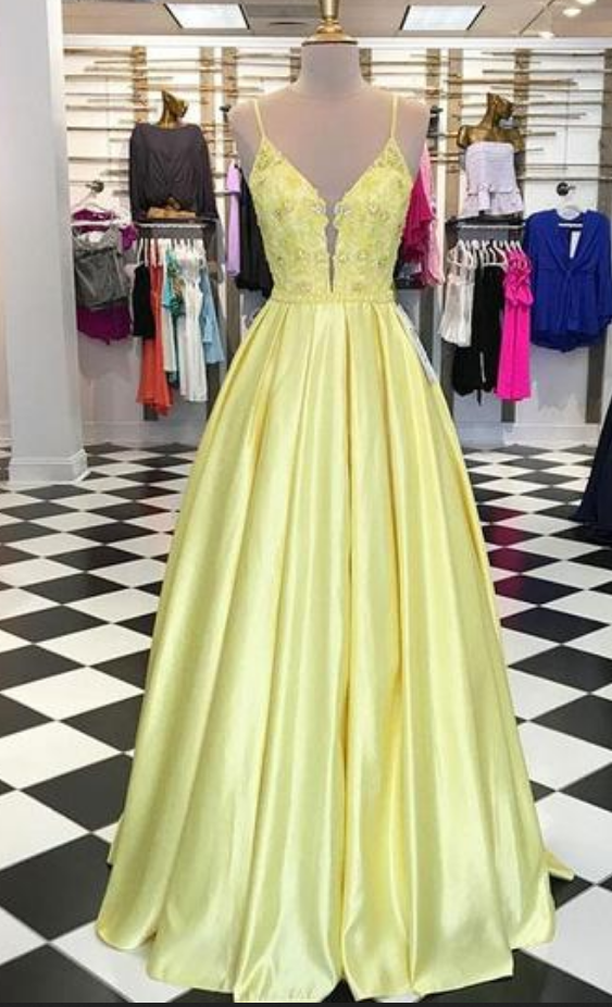 Gorgeous Yellow Satin A Line Party Evening Dress With Pockets  cc2913 main image 0