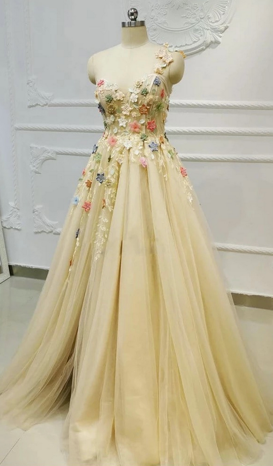 Split Front Column One Shoulder Tulle Long Sleeve Prom Dresses with Appliques main image 1