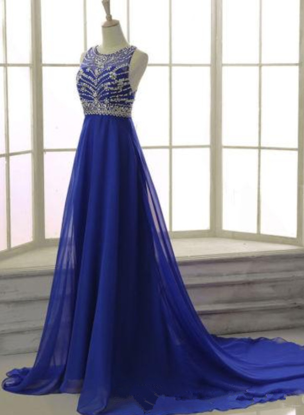 Cap Sleeve Pleated A-Line Chiffon Long Dress Royal Blue