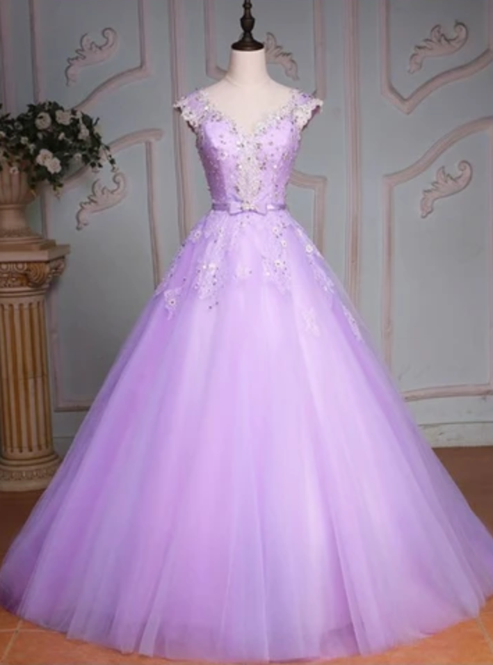 Lavender Beaded Surplice Tulle Prom Dress