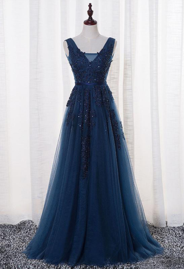 A-line V-neck Sleeveless Navy Blue Tulle Long Prom Dress on Luulla