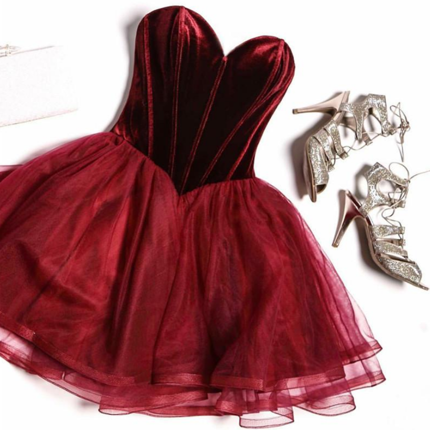 Wine Red Short Sleeves Homecoming Dress, Dark Red Short Formal Dress