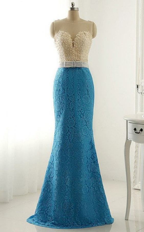Royal Blue Lace See-through Round Neck Slim Mermaid Long Evening ...