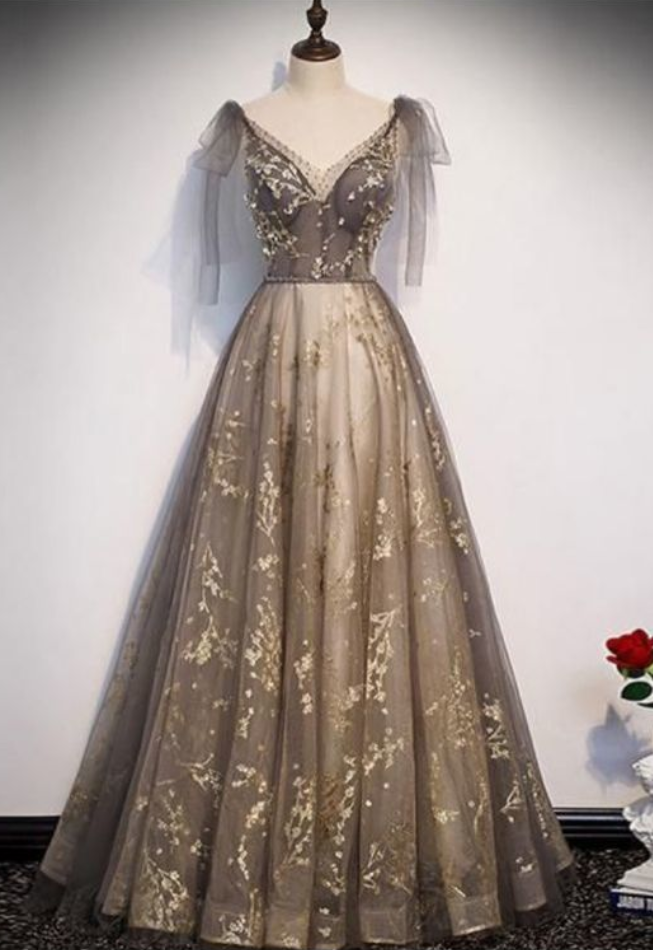 Elegant V Neck Gray Gold Tulle Lace Long Prom Dress Tulle Formal Dress ...