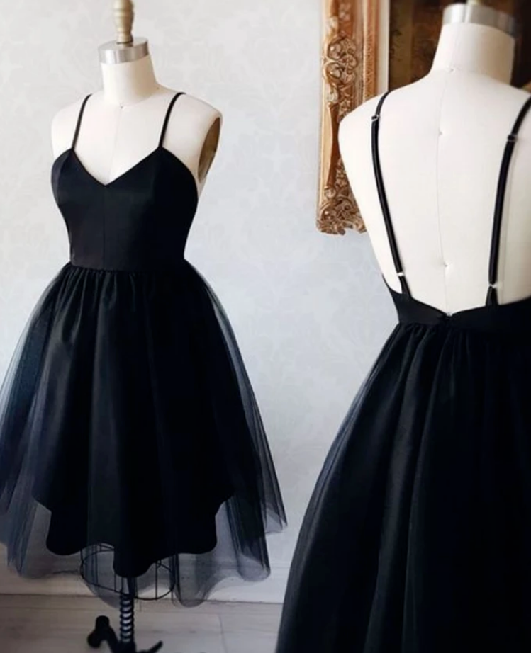 Black Spaghetti Straps Sleeveless Short Cocktail Dresses on