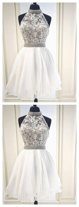 White Two Pieces Lace High Low Evening Dress, Fashion Homecoming Dresses