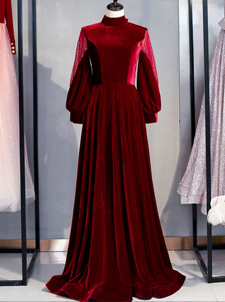 High neck prom dress,elegant party dress,velvet dress,custom made Y1181 main image 1
