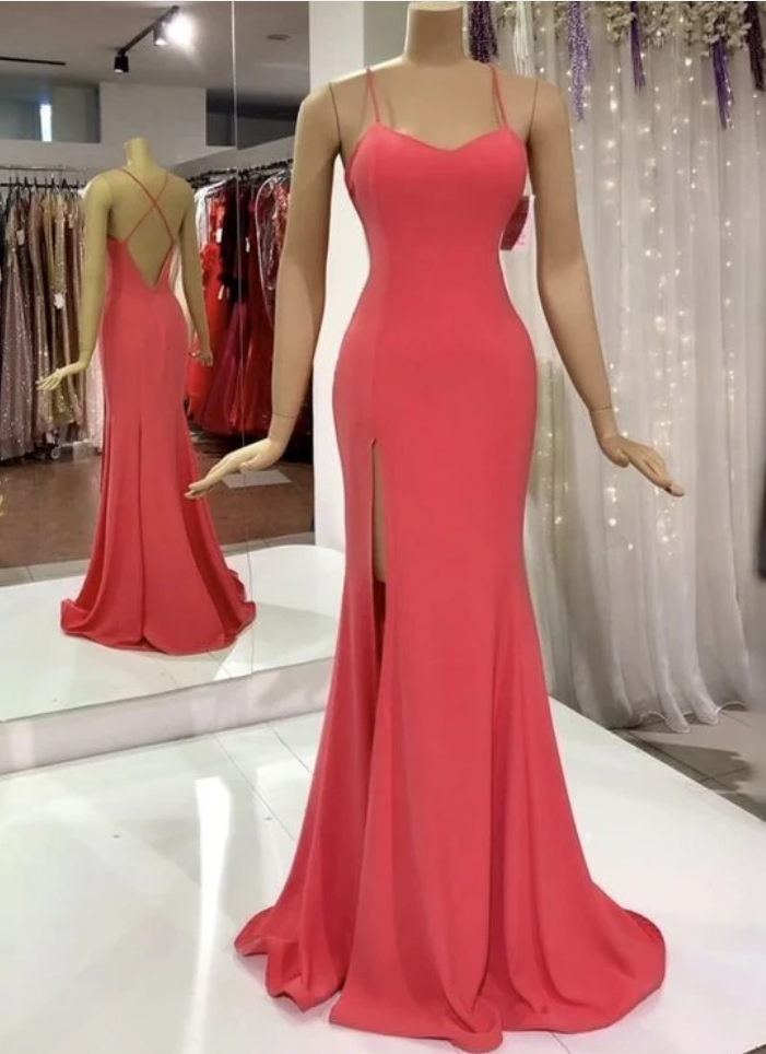Beautiful Spaghetti Straps Mermaid Slit Evening Dress,Hot Pink Prom Dress cc2654 main image 0