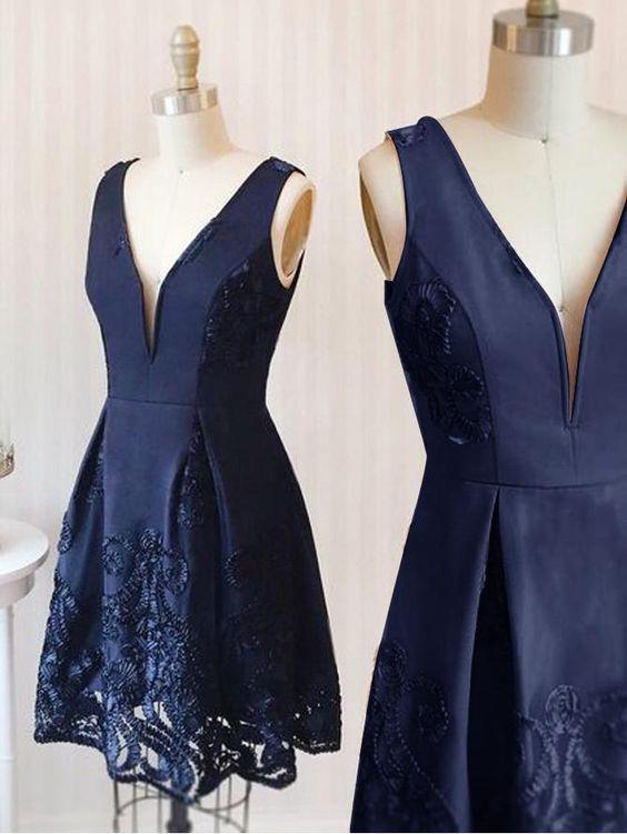 Simple Dark Navy V-neck Satin Short Prom Dress Homecoming Dress