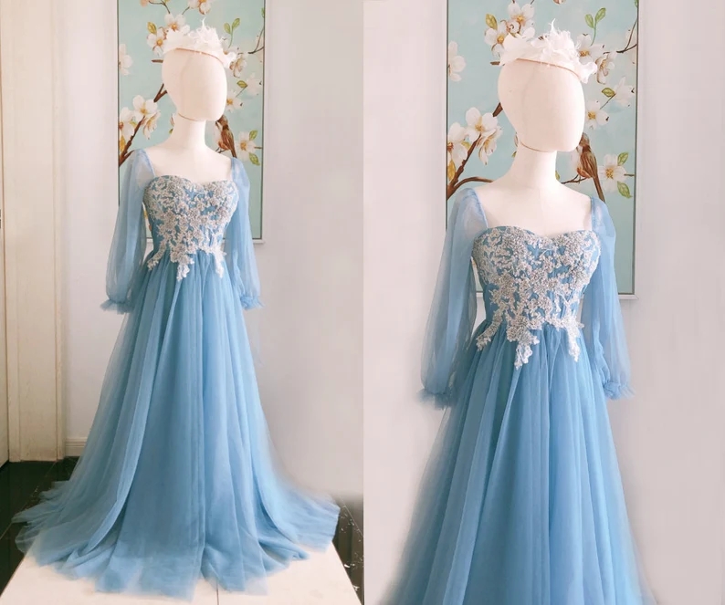 Blue Bridesmaid Ankle Length Tulle Wedding Prom Dress
