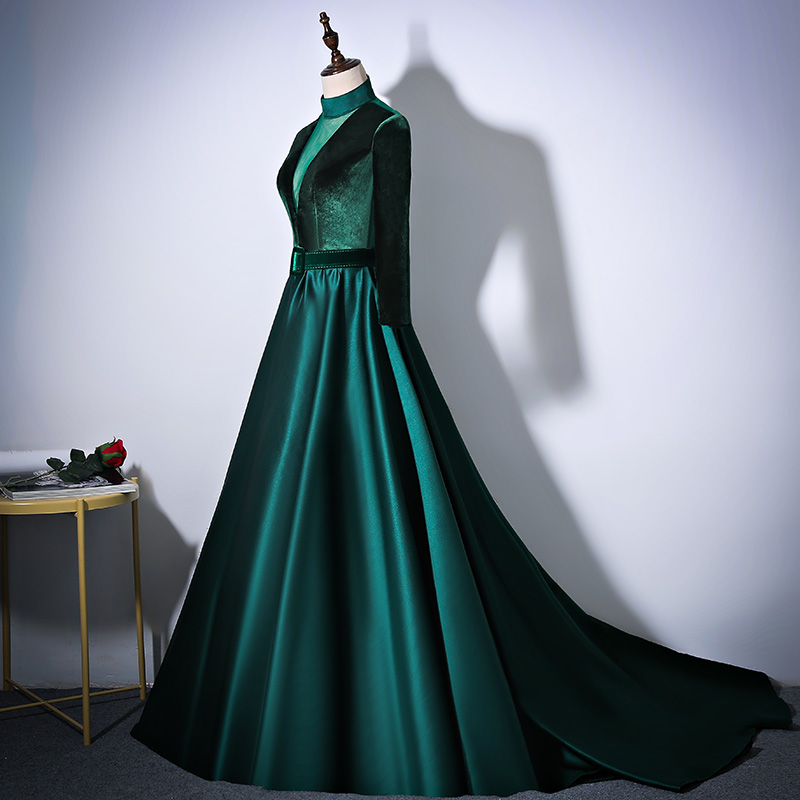 Green Velvet And Satin A-line Formal Dresses Evening Dress, Long Prom ...