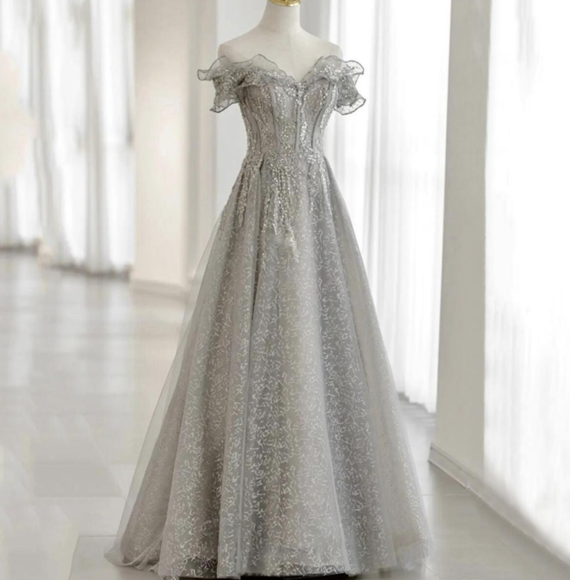 GREY TULLE BEADS LONG PROM DRESS SHINY EVENING DRESS    cg17392
