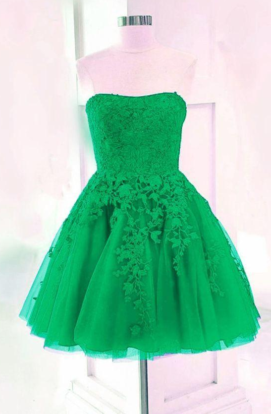 Green Dresses 2022 Short Lace Strapless Prom Gowns on Luulla