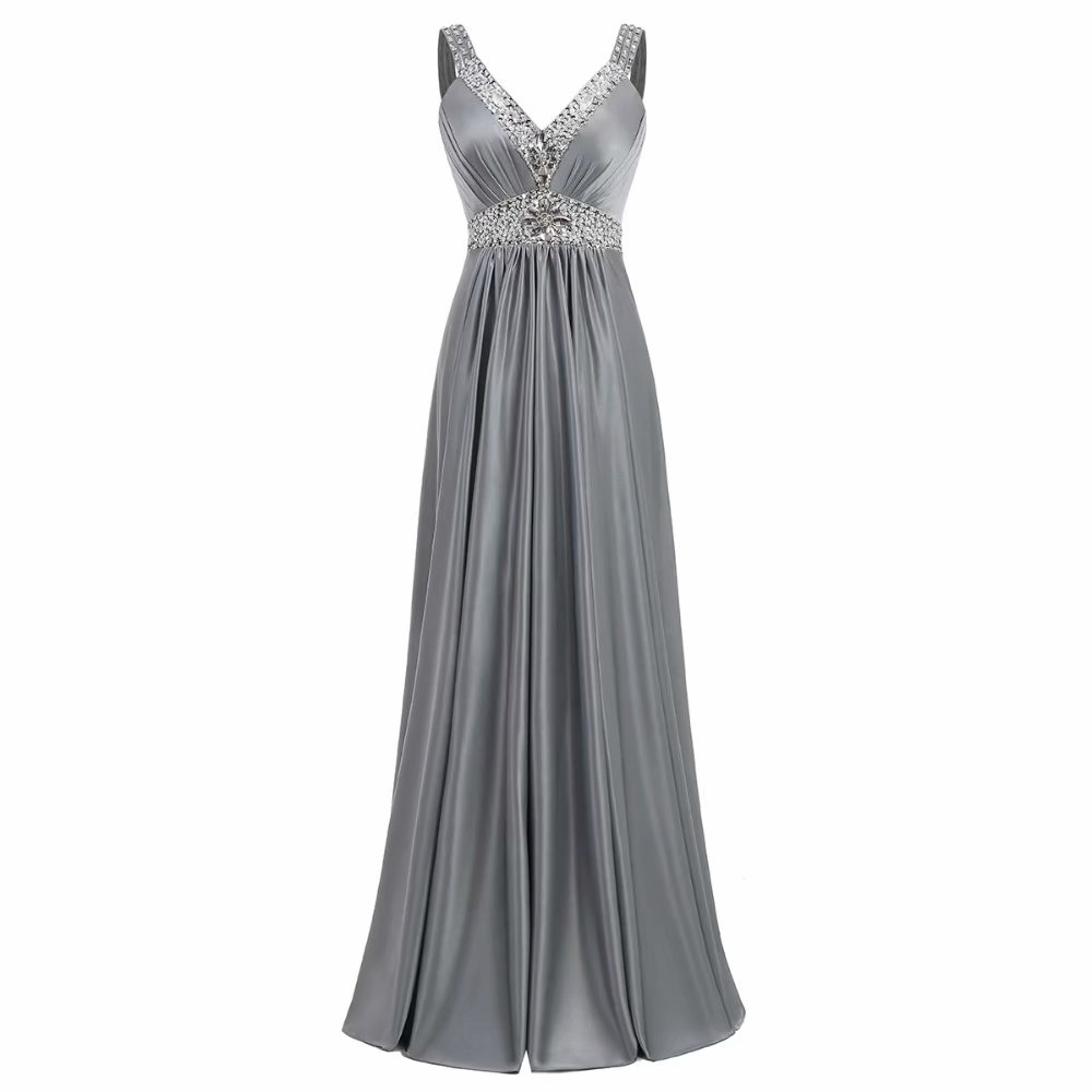 Grey Evening Dresses Satin Wedding Party Gowns Long Beading V Neck ...