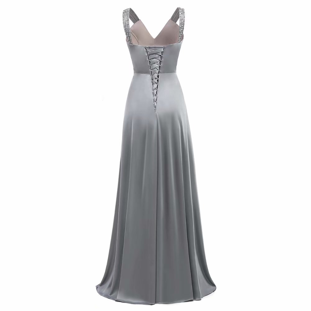 Grey Evening Dresses Satin Wedding Party Gowns Long Beading V Neck ...