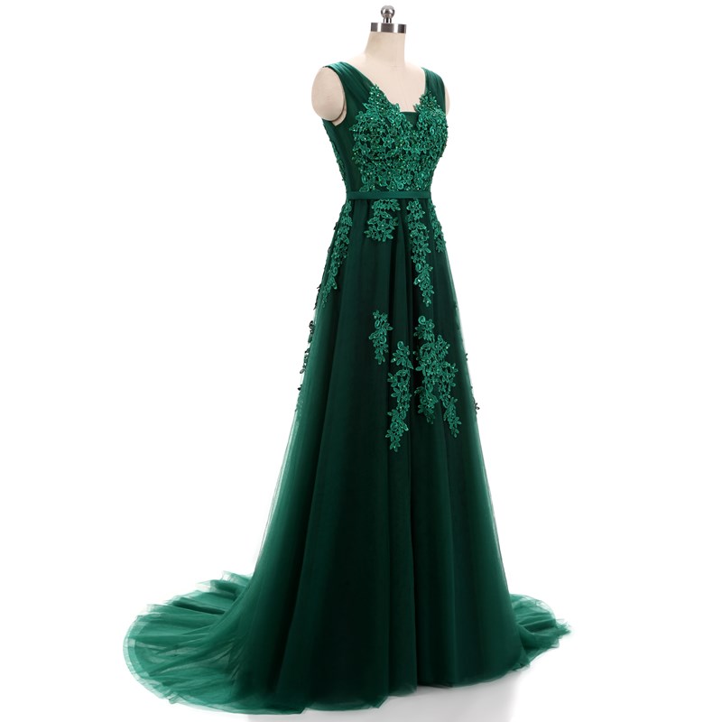 Hunter Green Lace Applique Tulle Prom Dresses Featuring V Neck And Lace