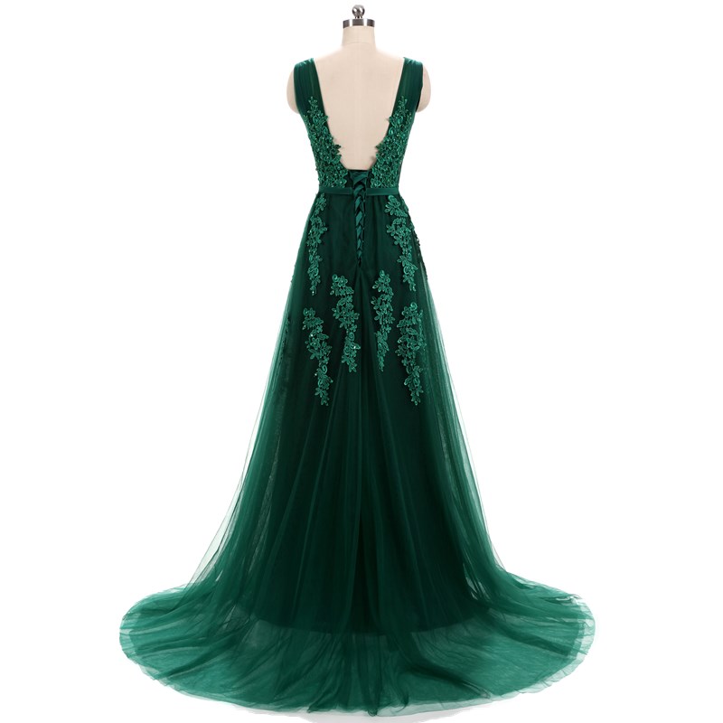 Hunter Green Lace Applique Tulle Prom Dresses Featuring V Neck And Lace ...